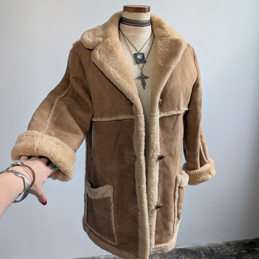 Vintage 70s Brown Suede Shearling Coat M Fur Coat Wool Minimalist Winter Jacket